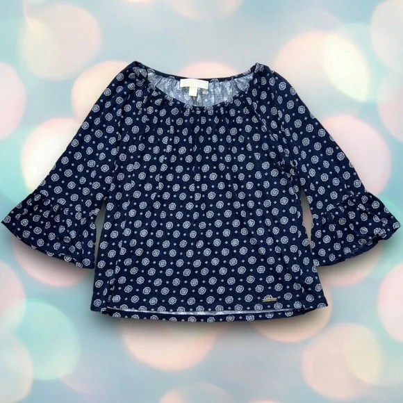 Michael Kors Women’s Navy Blue Bell Sleeve Boho Peasant Top Blouse Size M - Picture 2 of 5